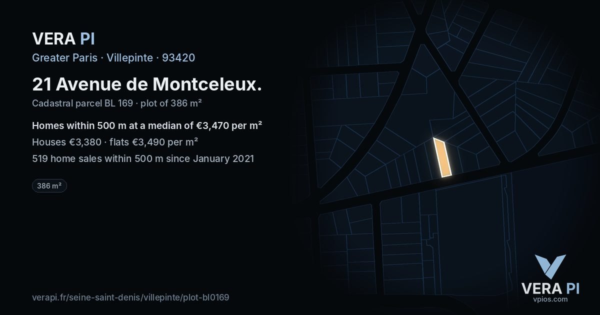21 Avenue de Montceleux, Villepinte at night – the plot lit, the parcels around coloured by the prices near them