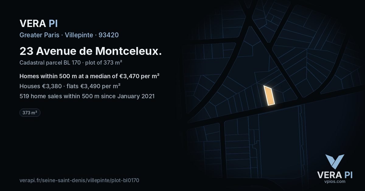 23 Avenue de Montceleux, Villepinte at night – the plot lit, the parcels around coloured by the prices near them