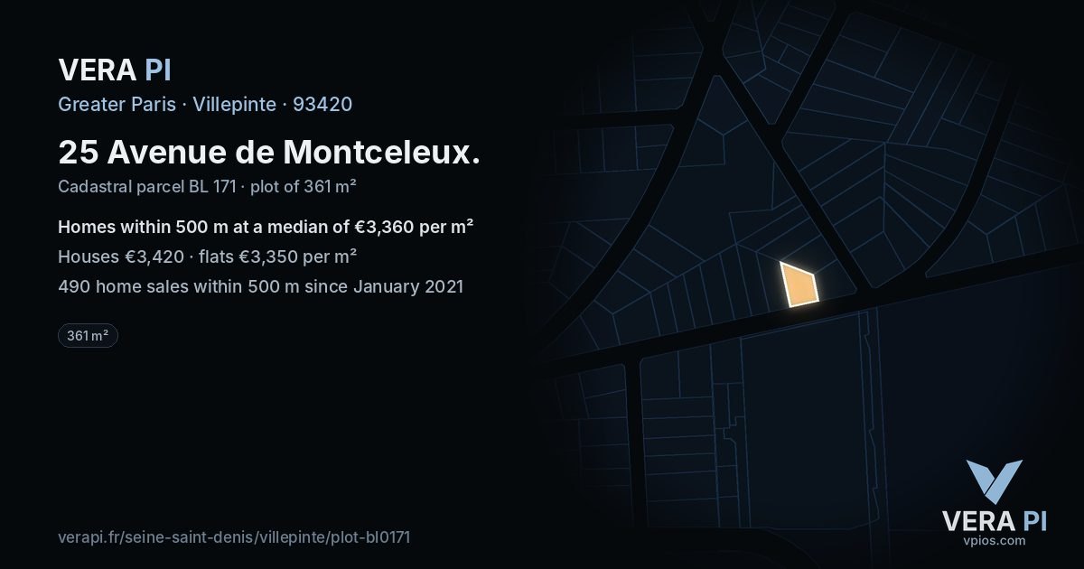 25 Avenue de Montceleux, Villepinte at night – the plot lit, the parcels around coloured by the prices near them