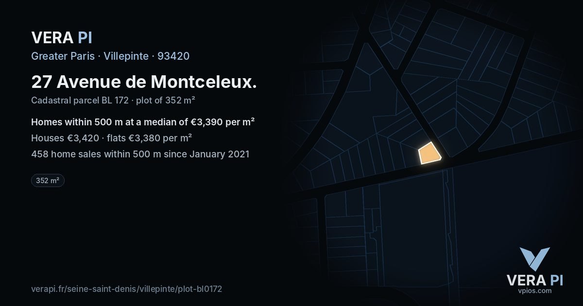 27 Avenue de Montceleux, Villepinte at night – the plot lit, the parcels around coloured by the prices near them