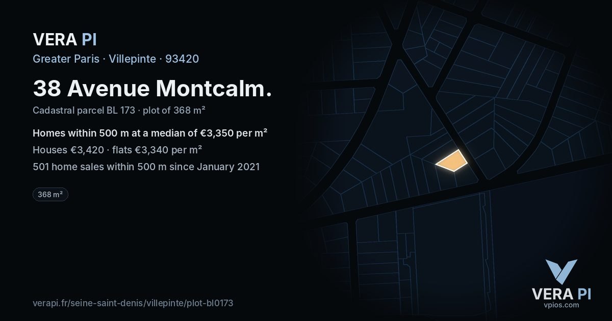 38 Avenue Montcalm, Villepinte at night – the plot lit, the parcels around coloured by the prices near them