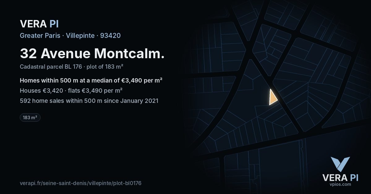 32 Avenue Montcalm, Villepinte at night – the plot lit, the parcels around coloured by the prices near them