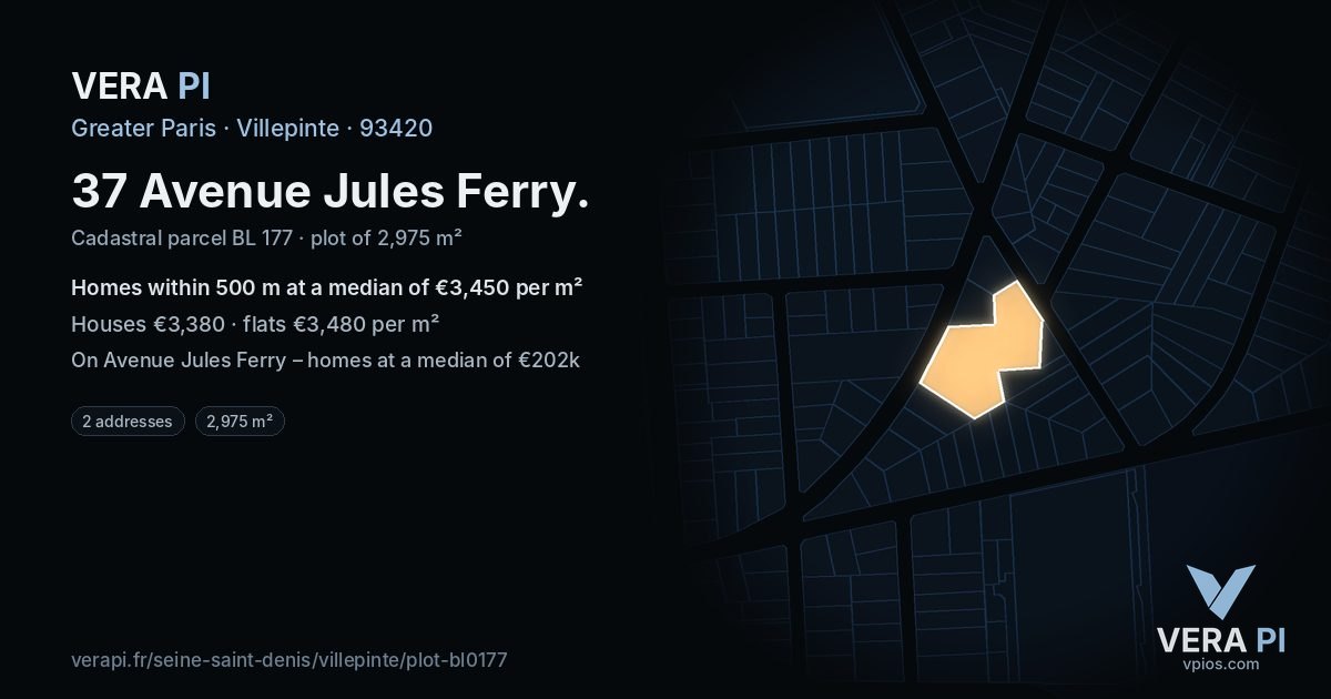 37 Avenue Jules Ferry, Villepinte at night – the plot lit, the parcels around coloured by the prices near them