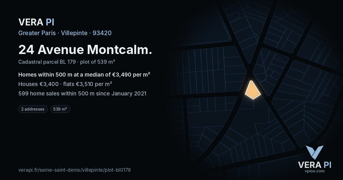 24 Avenue Montcalm, Villepinte at night – the plot lit, the parcels around coloured by the prices near them