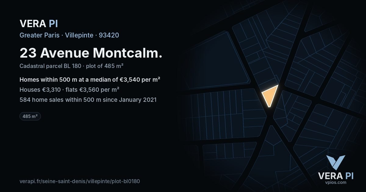 23 Avenue Montcalm, Villepinte at night – the plot lit, the parcels around coloured by the prices near them