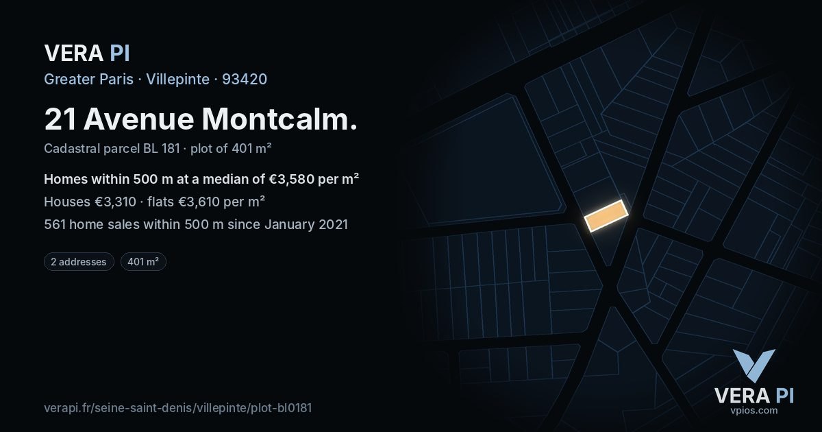 21 Avenue Montcalm, Villepinte at night – the plot lit, the parcels around coloured by the prices near them