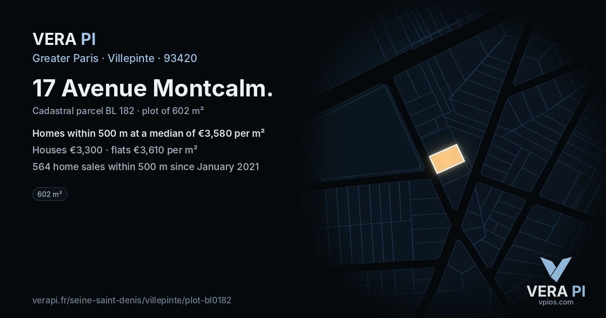 17 Avenue Montcalm, Villepinte at night – the plot lit, the parcels around coloured by the prices near them