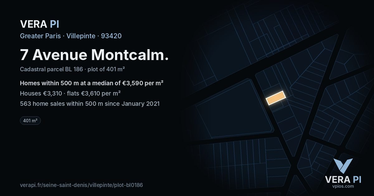 7 Avenue Montcalm, Villepinte at night – the plot lit, the parcels around coloured by the prices near them