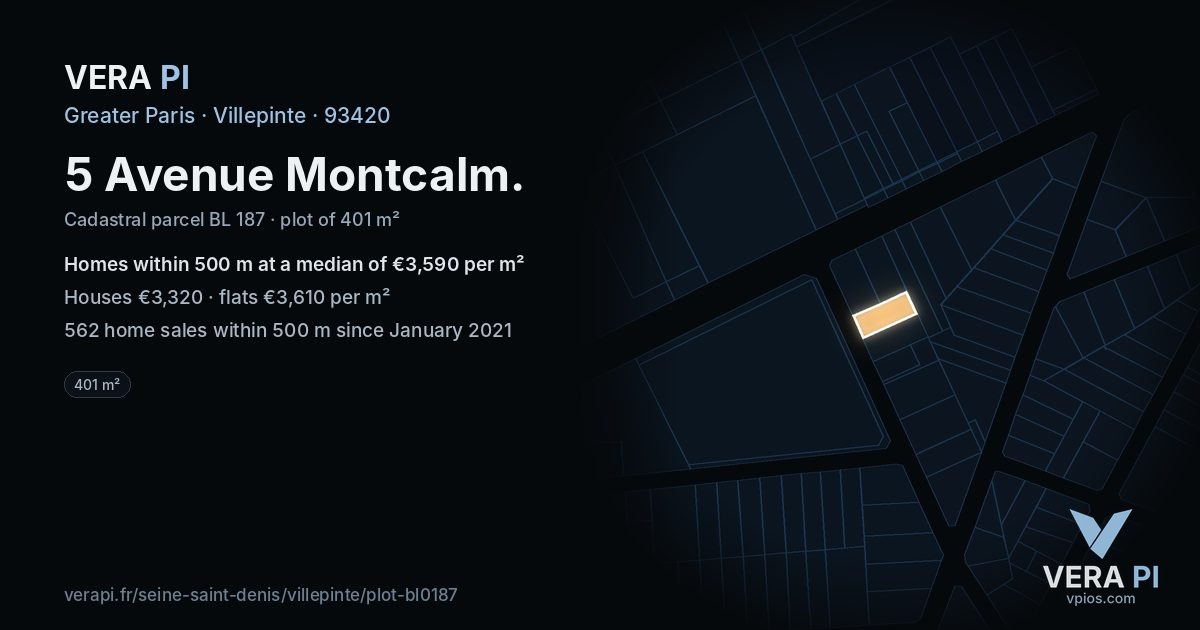 5 Avenue Montcalm, Villepinte at night – the plot lit, the parcels around coloured by the prices near them