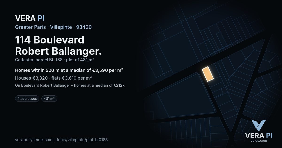 114 Boulevard Robert Ballanger, Villepinte at night – the plot lit, the parcels around coloured by the prices near them