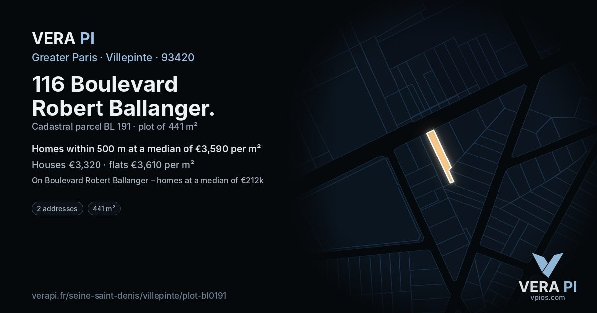 116 Boulevard Robert Ballanger, Villepinte at night – the plot lit, the parcels around coloured by the prices near them