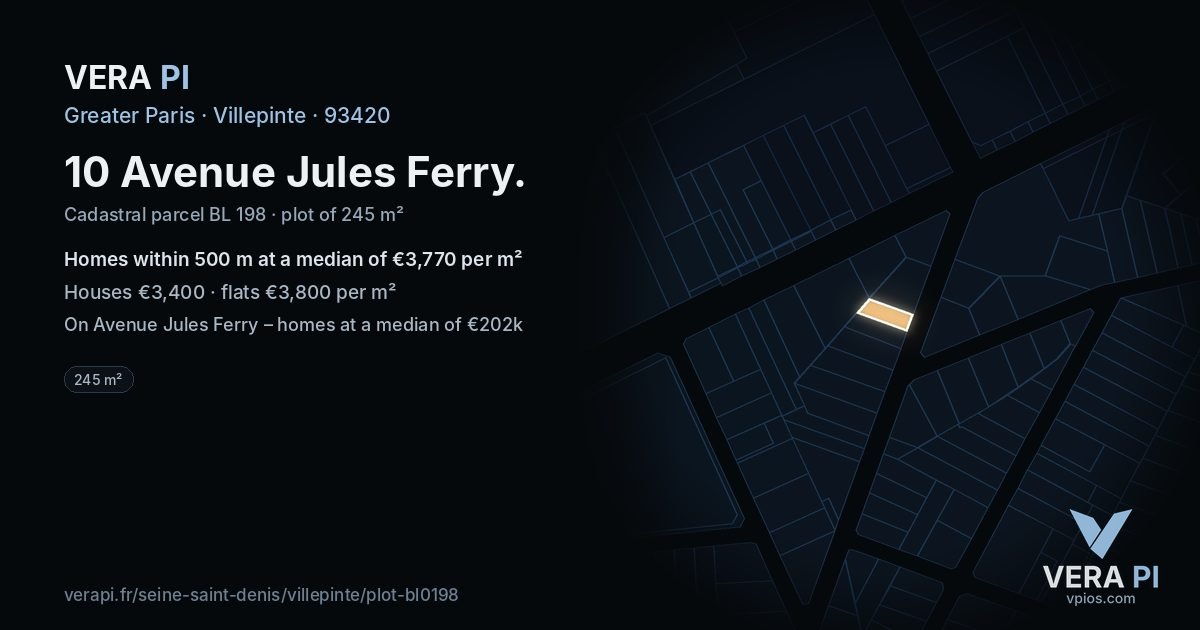 10 Avenue Jules Ferry, Villepinte at night – the plot lit, the parcels around coloured by the prices near them