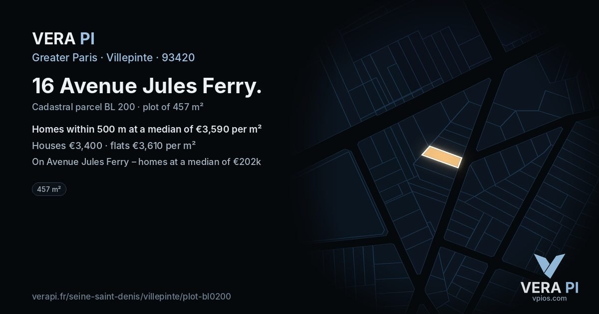 16 Avenue Jules Ferry, Villepinte at night – the plot lit, the parcels around coloured by the prices near them
