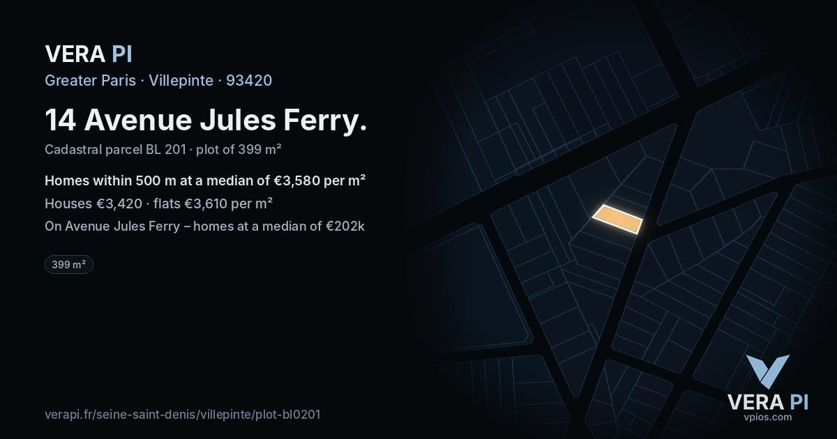 14 Avenue Jules Ferry, Villepinte at night – the plot lit, the parcels around coloured by the prices near them