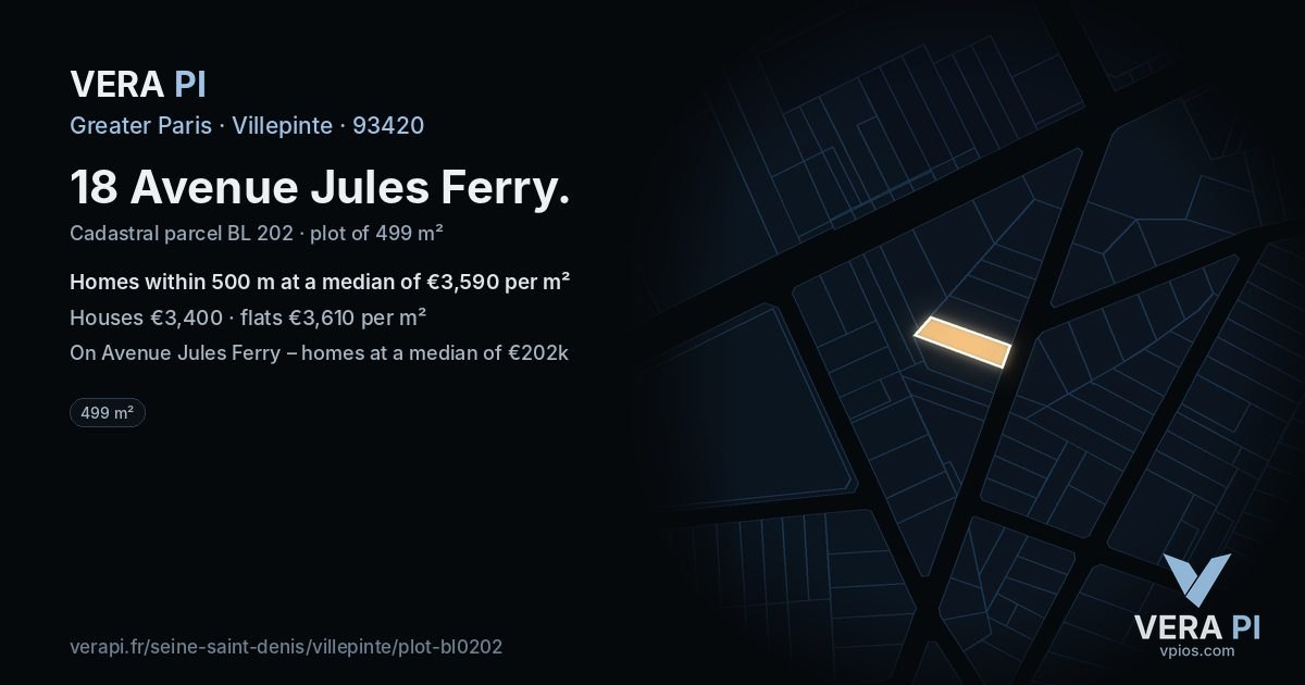 18 Avenue Jules Ferry, Villepinte at night – the plot lit, the parcels around coloured by the prices near them