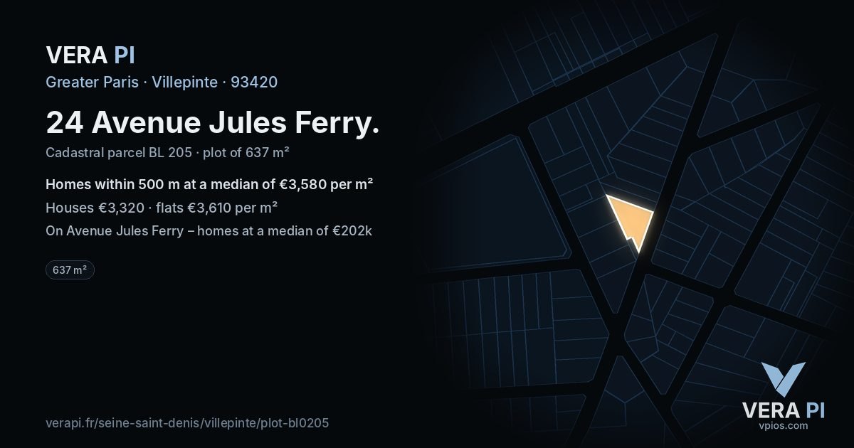 24 Avenue Jules Ferry, Villepinte at night – the plot lit, the parcels around coloured by the prices near them