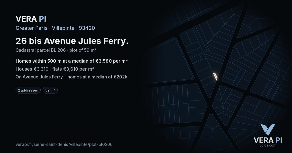 26 bis Avenue Jules Ferry, Villepinte at night – the plot lit, the parcels around coloured by the prices near them