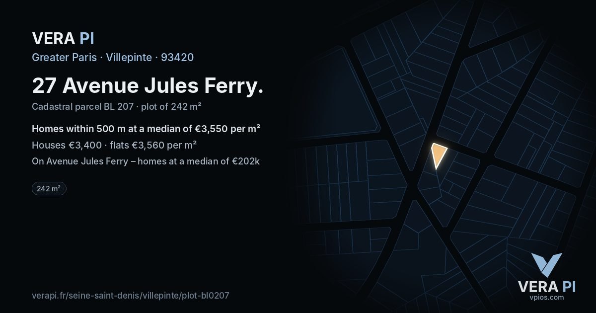 27 Avenue Jules Ferry, Villepinte at night – the plot lit, the parcels around coloured by the prices near them