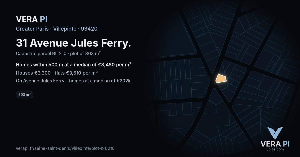 31 Avenue Jules Ferry, Villepinte at night – the plot lit, the parcels around coloured by the prices near them