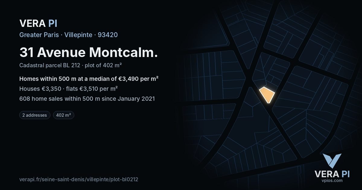31 Avenue Montcalm, Villepinte at night – the plot lit, the parcels around coloured by the prices near them