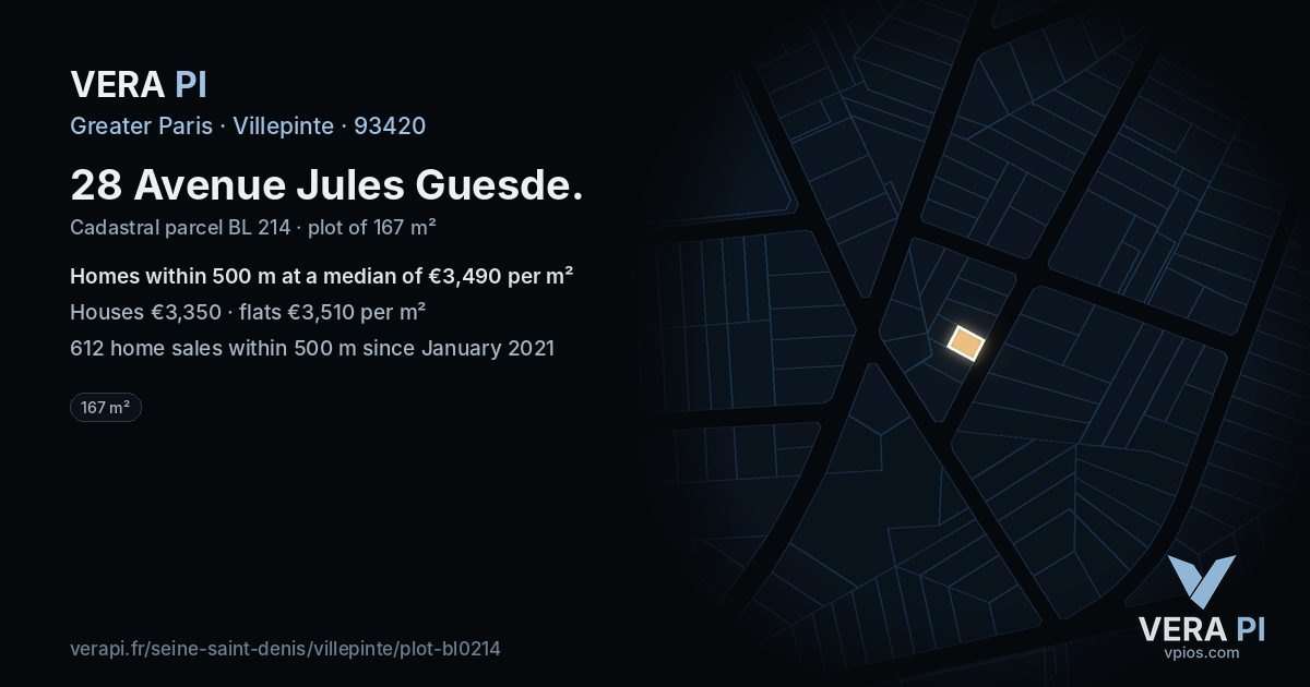 28 Avenue Jules Guesde, Villepinte at night – the plot lit, the parcels around coloured by the prices near them