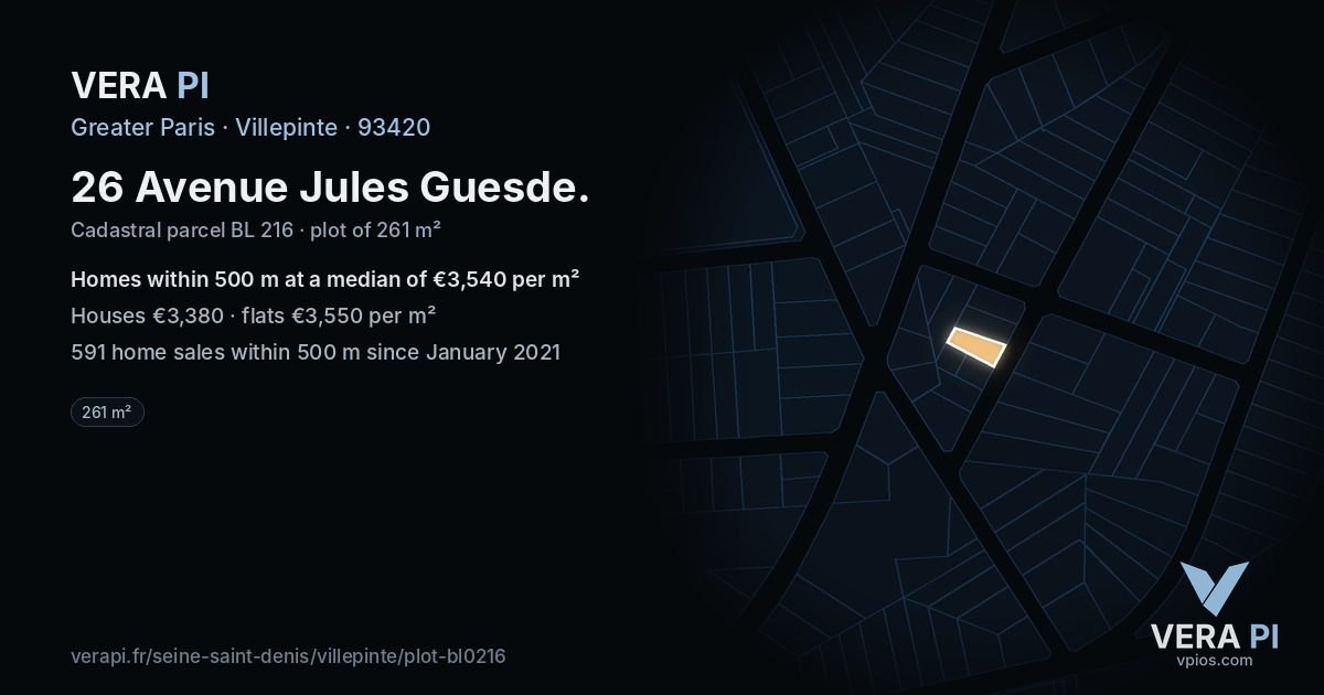26 Avenue Jules Guesde, Villepinte at night – the plot lit, the parcels around coloured by the prices near them