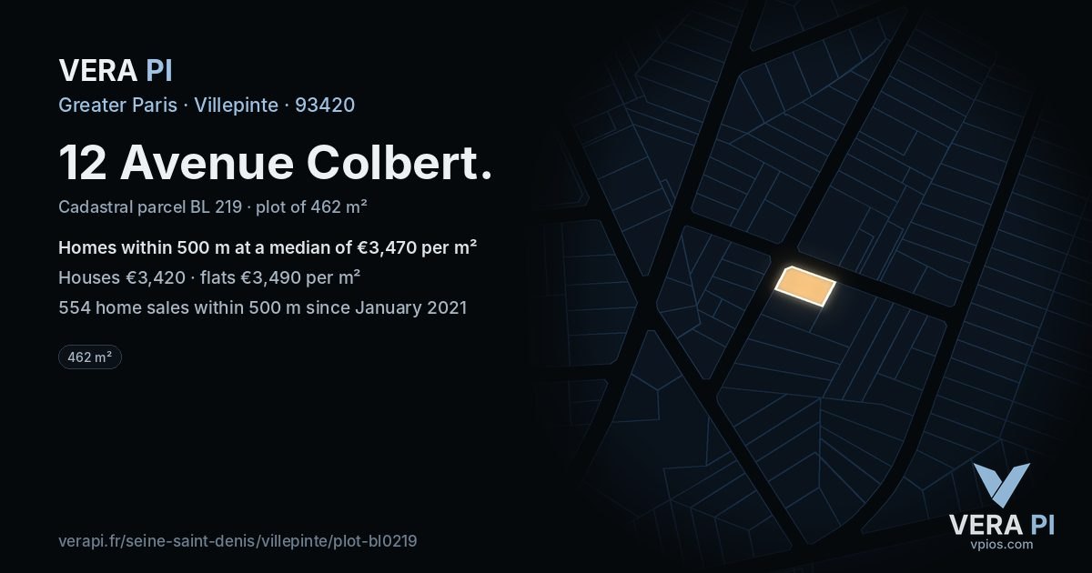 12 Avenue Colbert, Villepinte at night – the plot lit, the parcels around coloured by the prices near them