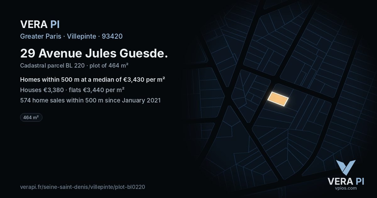 29 Avenue Jules Guesde, Villepinte at night – the plot lit, the parcels around coloured by the prices near them