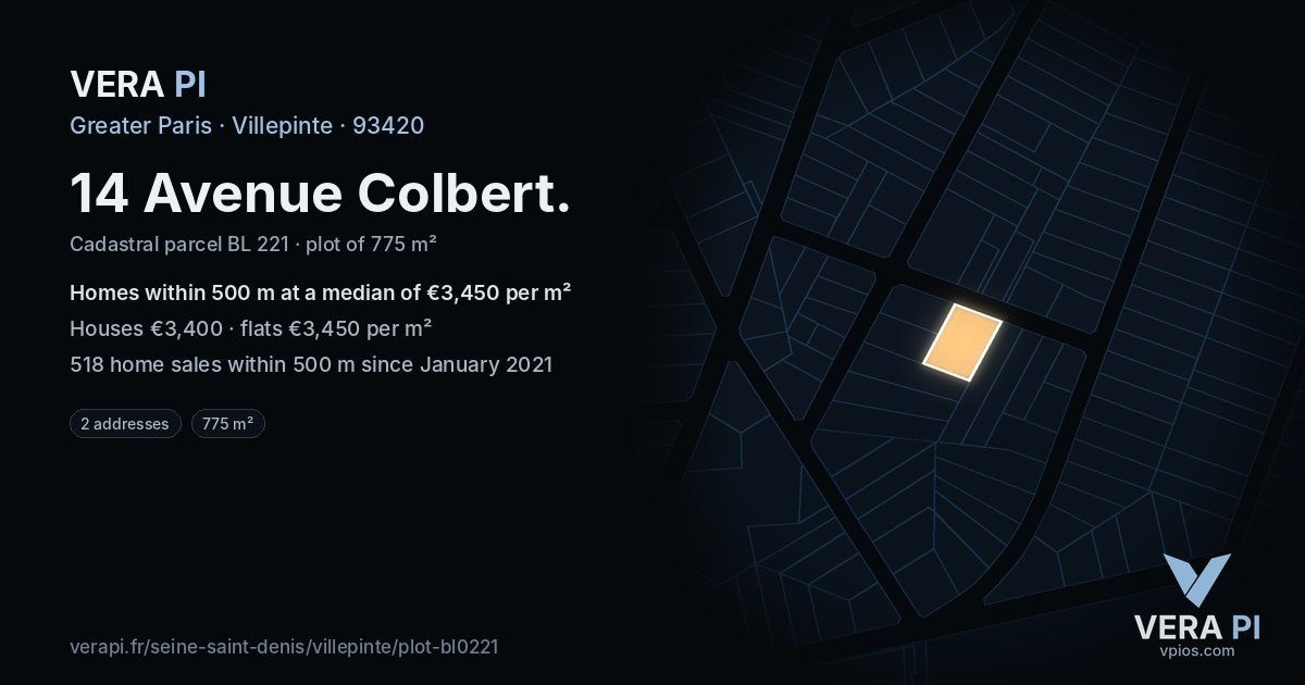 14 Avenue Colbert, Villepinte at night – the plot lit, the parcels around coloured by the prices near them