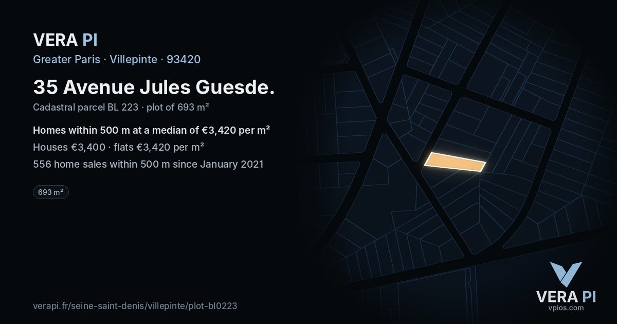 35 Avenue Jules Guesde, Villepinte at night – the plot lit, the parcels around coloured by the prices near them