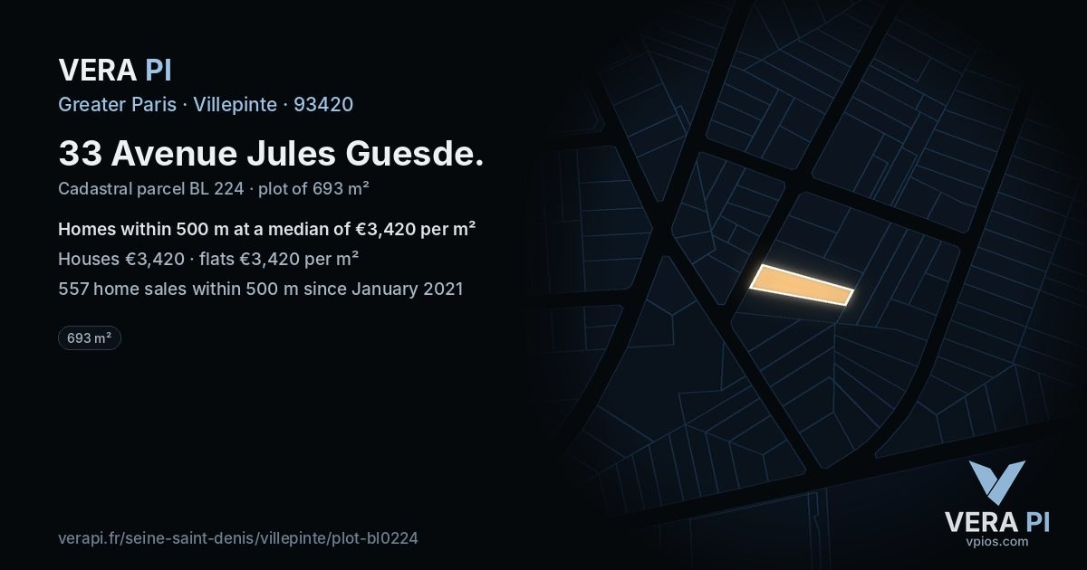 33 Avenue Jules Guesde, Villepinte at night – the plot lit, the parcels around coloured by the prices near them