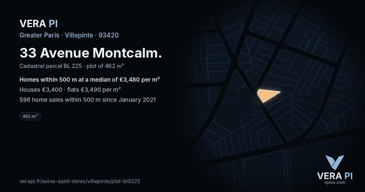 33 Avenue Montcalm, Villepinte at night – the plot lit, the parcels around coloured by the prices near them