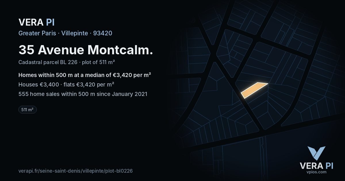 35 Avenue Montcalm, Villepinte at night – the plot lit, the parcels around coloured by the prices near them