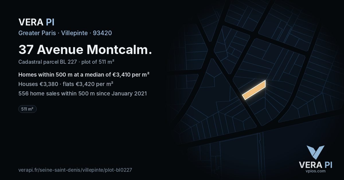 37 Avenue Montcalm, Villepinte at night – the plot lit, the parcels around coloured by the prices near them