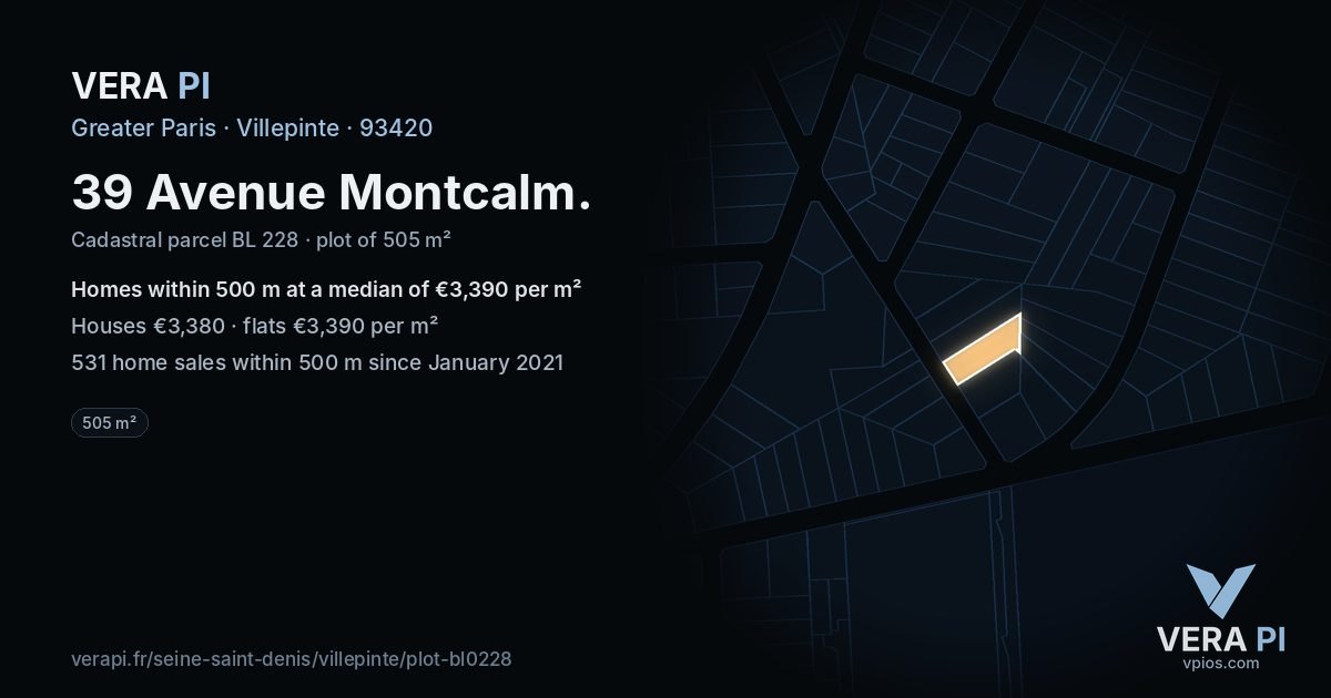 39 Avenue Montcalm, Villepinte at night – the plot lit, the parcels around coloured by the prices near them