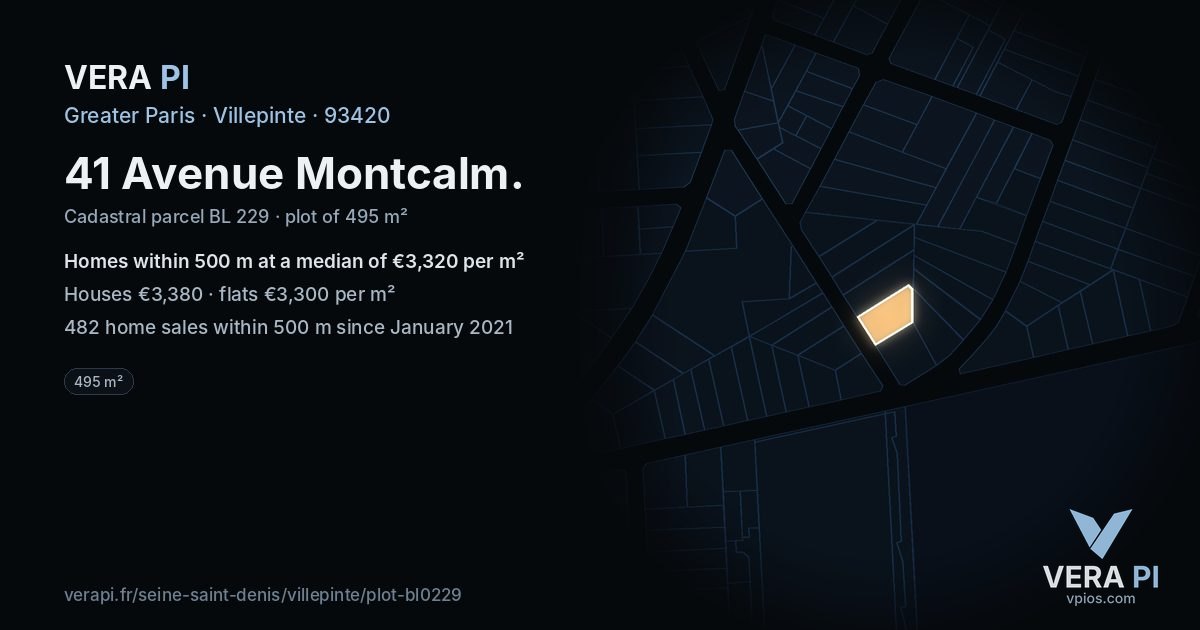 41 Avenue Montcalm, Villepinte at night – the plot lit, the parcels around coloured by the prices near them
