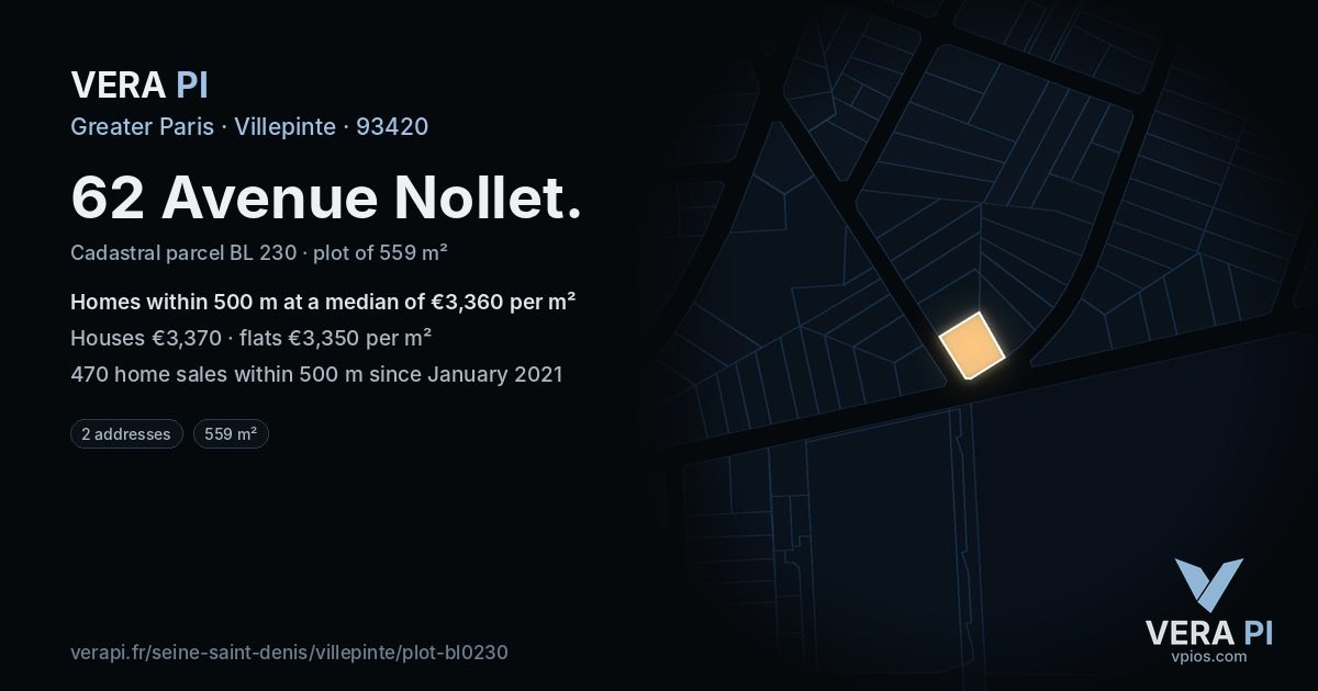 62 Avenue Nollet, Villepinte at night – the plot lit, the parcels around coloured by the prices near them
