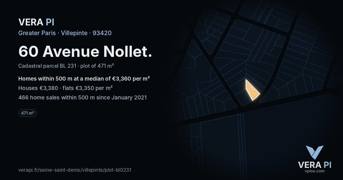 60 Avenue Nollet, Villepinte at night – the plot lit, the parcels around coloured by the prices near them