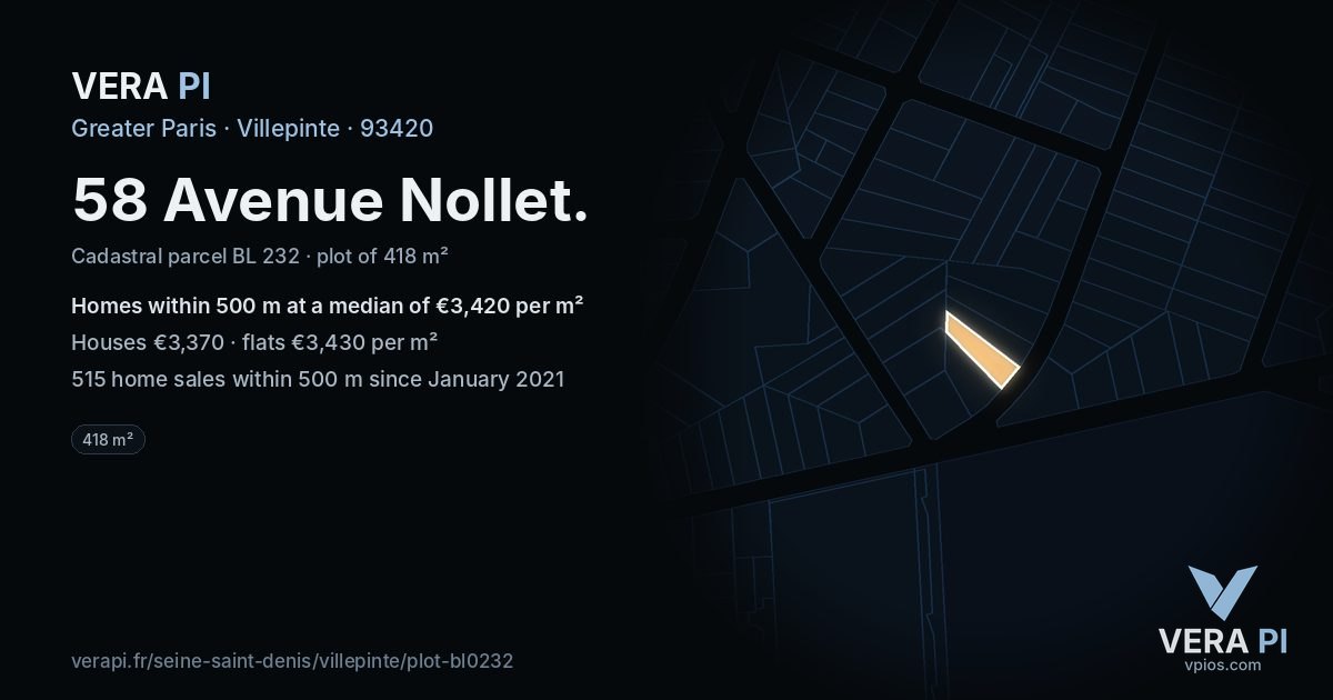 58 Avenue Nollet, Villepinte at night – the plot lit, the parcels around coloured by the prices near them