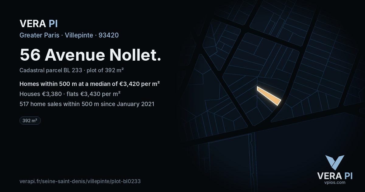 56 Avenue Nollet, Villepinte at night – the plot lit, the parcels around coloured by the prices near them