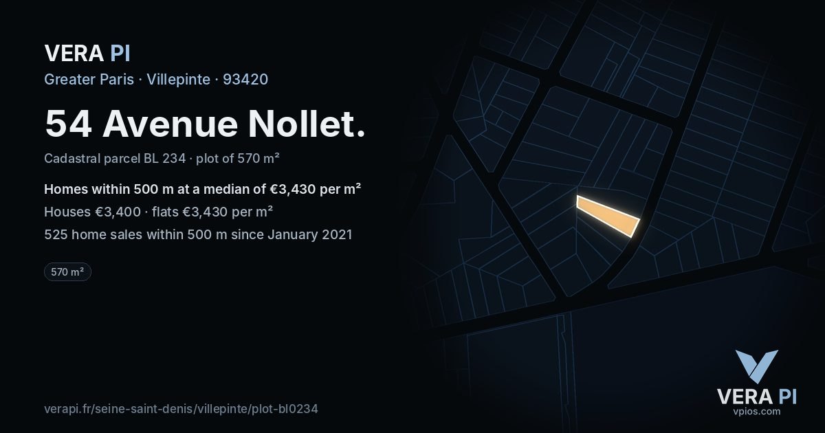54 Avenue Nollet, Villepinte at night – the plot lit, the parcels around coloured by the prices near them