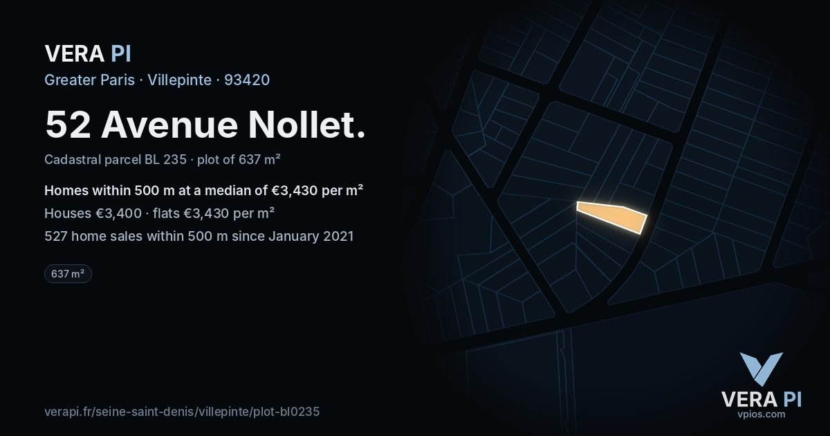 52 Avenue Nollet, Villepinte at night – the plot lit, the parcels around coloured by the prices near them