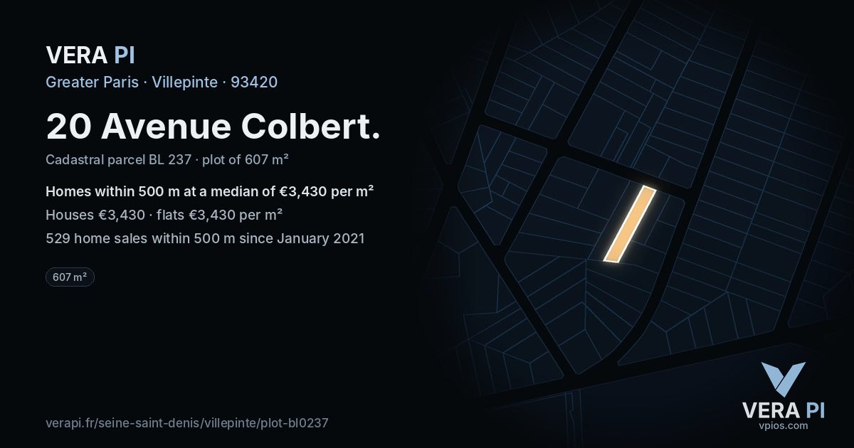20 Avenue Colbert, Villepinte at night – the plot lit, the parcels around coloured by the prices near them