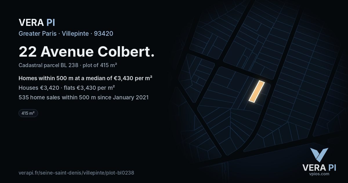 22 Avenue Colbert, Villepinte at night – the plot lit, the parcels around coloured by the prices near them