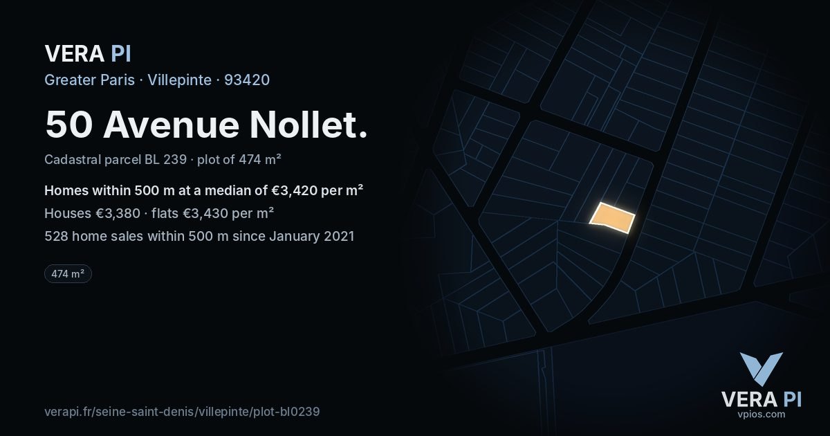 50 Avenue Nollet, Villepinte at night – the plot lit, the parcels around coloured by the prices near them