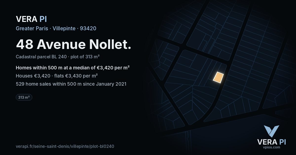 48 Avenue Nollet, Villepinte at night – the plot lit, the parcels around coloured by the prices near them