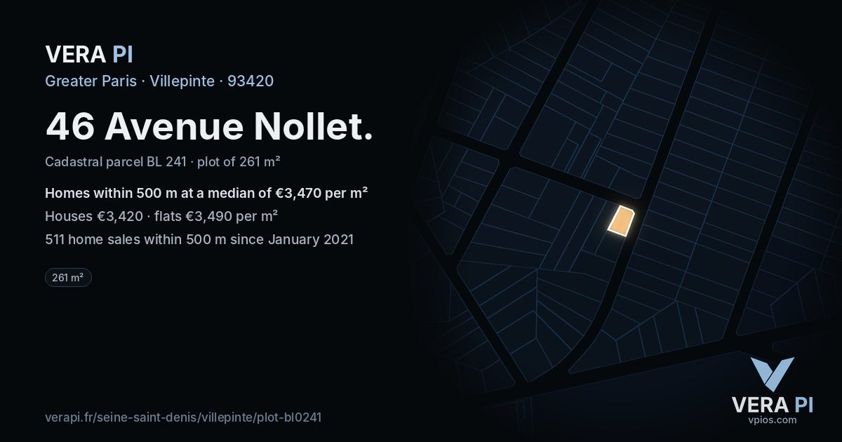 46 Avenue Nollet, Villepinte at night – the plot lit, the parcels around coloured by the prices near them