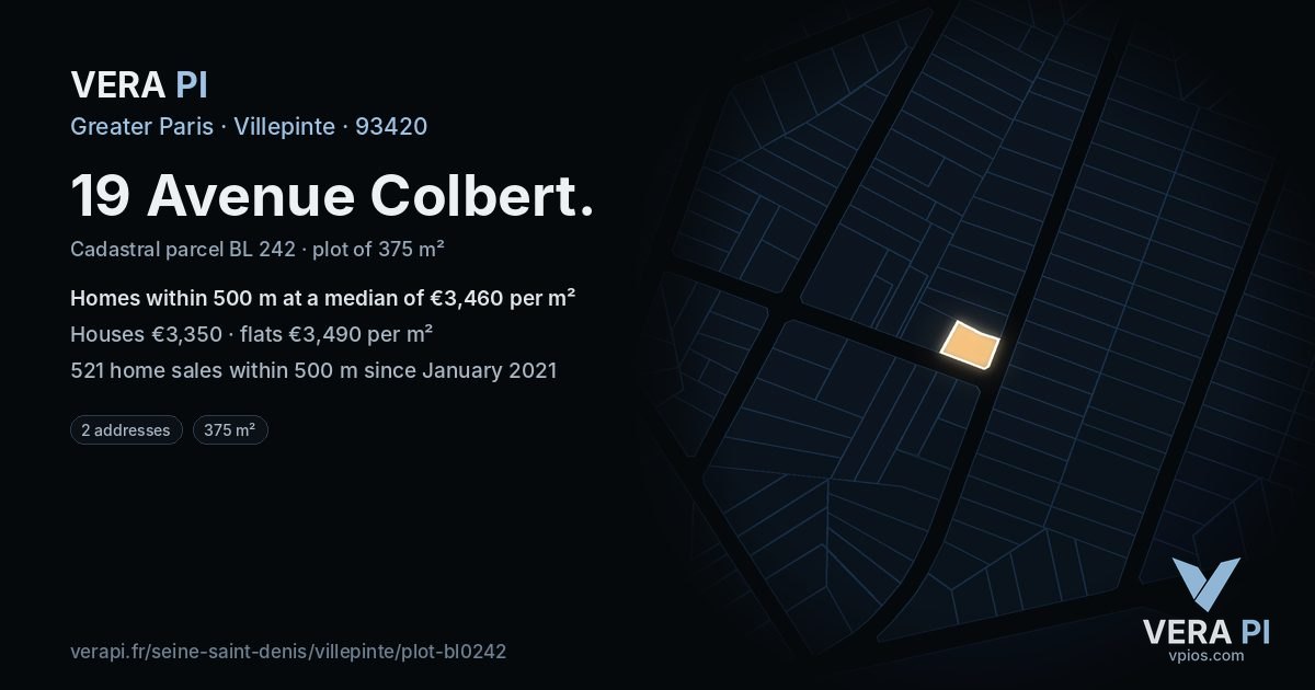19 Avenue Colbert, Villepinte at night – the plot lit, the parcels around coloured by the prices near them