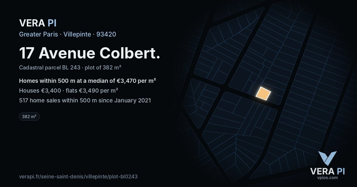 17 Avenue Colbert, Villepinte at night – the plot lit, the parcels around coloured by the prices near them