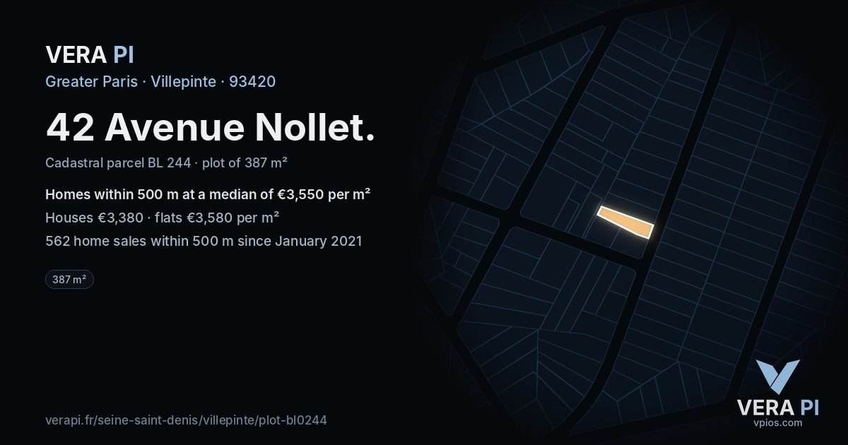 42 Avenue Nollet, Villepinte at night – the plot lit, the parcels around coloured by the prices near them